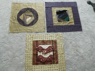 Large CRAZY Quilt BLOCKS approx 20'' square Lot of 3 high end silk