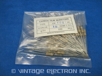 (LOT OF 100) FIRSTOHM Carbon Film Axial Fixed Resistors: 10 OHM 5% 1W