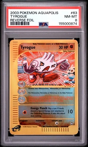 2003 POKEMON AQUAPOLIS #63 TYROGUE-REVERSE FOIL PSA 8