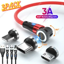 3 Pack Rotate Magnetic Phone Charger Charging Cable For Micro USB/Type C/ iPhone