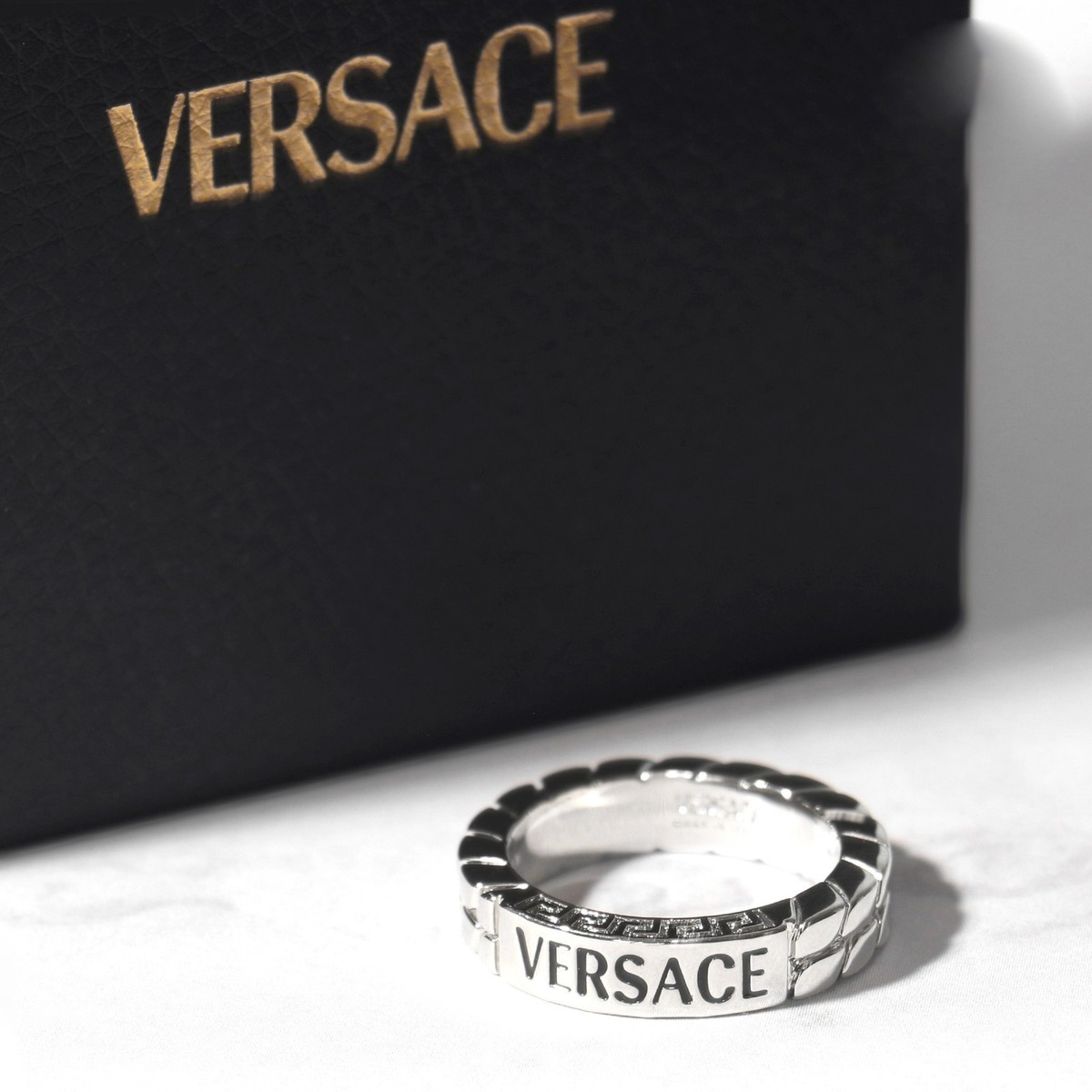 SALE VERSACE Ring Signature Logo Greca Silver Size 17, 19, 21 NEW 