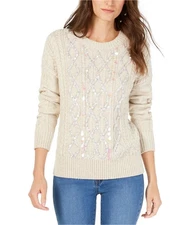 I.N.C Womens Embellished Cable Knit Pullover Sweater