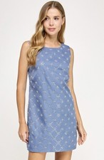 Seni & Cade Junior’s Embellished Boucle Shift Dress-Dusty Blue, Size-S