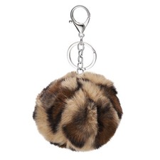 Pom Pom Keychain 8cm Soft Cute Fluffy Ball Key Ring Leopard Light Brown
