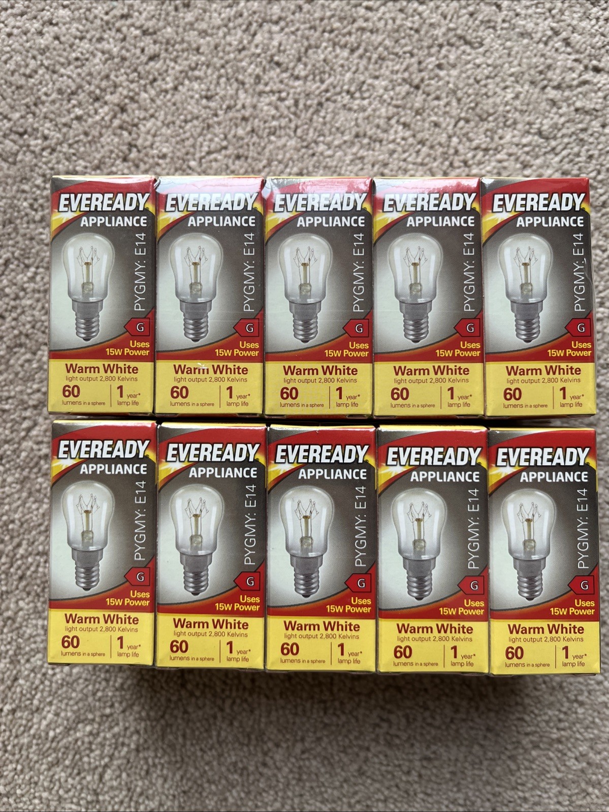 10 x EVEREADY Pygmy E14 Bulbs. 60 Lumens. 15W. Warm White. New. Free P&P