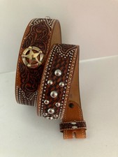 Tony Lama Tooled Leather Studded Western Belt Stars Brown 38mm C41704 EUC