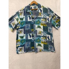 Made in Hawaii Vintage Aloha Shirt Mens XL Blue Patchwork Tropical Fish Nautical