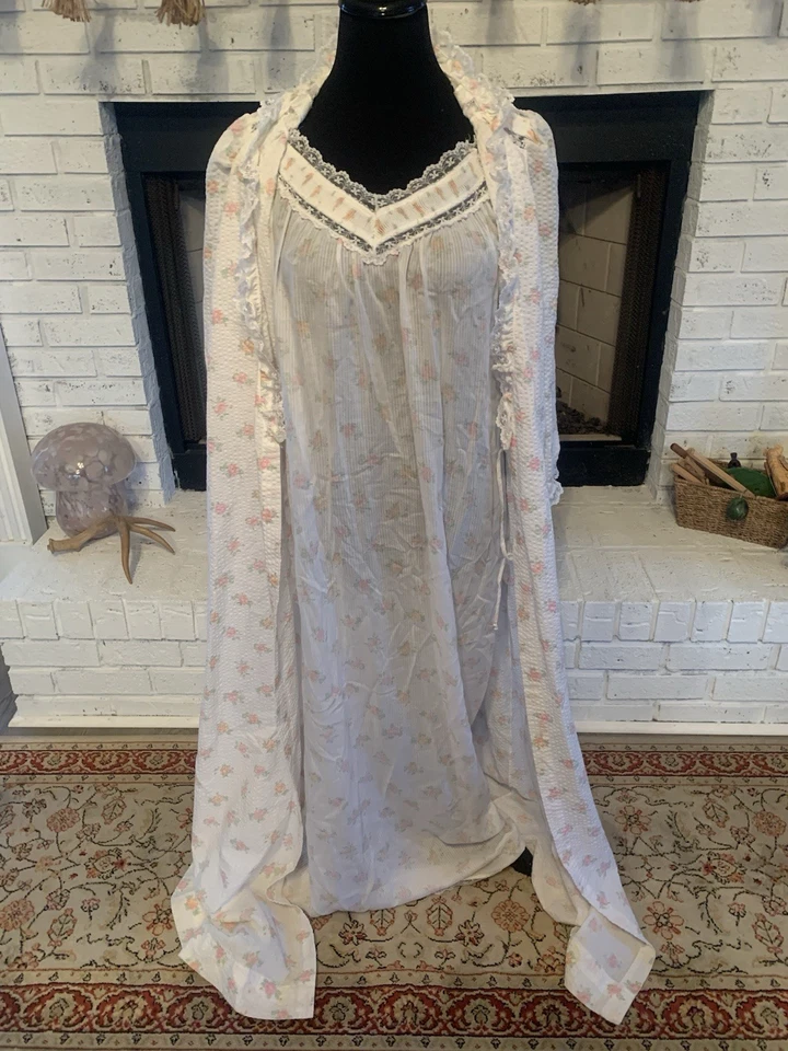 De Colección Maxi Cottage Core Camisón Bata Conjunto Peignoir JCPENNEY Rosas Volantes Encaje M! Foto 2 de 4