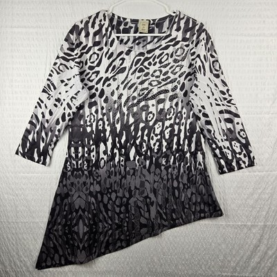 Jess & Jane Sparkly Rhinestone Abstract Artsy Asymmetric Top White & Black S USA