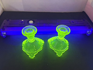 Pair of Vintage Art Deco Vaseline Uranium Glass Candlestick Holders