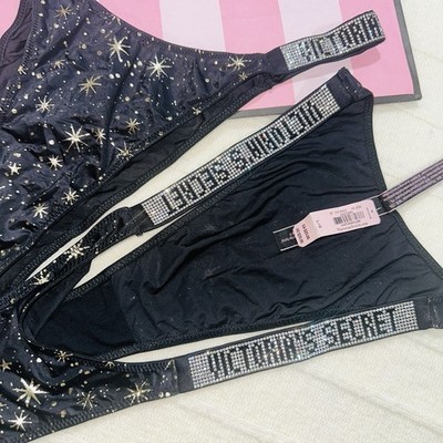 Victorias Secret Brazilian Panties Black Constellation Stars Shine Strap Logo L