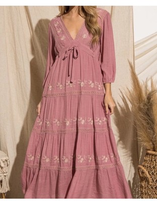 green emerald velvet dress Alora Embroidered Dress in Dusty Rose main image 1