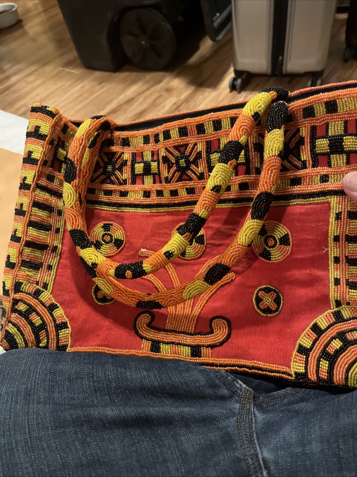 Rare Ipa Nima beaded handbag in orange, yellow, and black