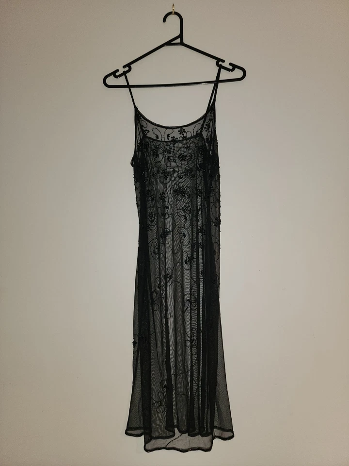 Vintage Black Sheer Hand-Beaded Overlay Dress – Slip-Style, Size Small