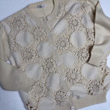VINTAGE M/L Granny Square Crochet Beige Wool Cardigan Medallion Open Knit Boho