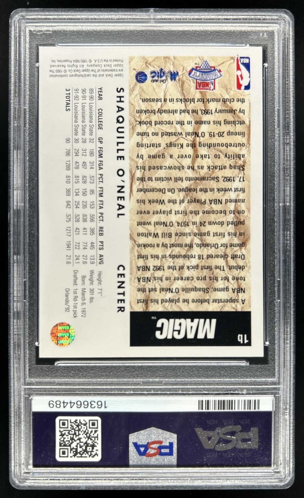 1992-93 Upper Deck Shaquille O'Neal Rookie RC #1b Magic PSA 8 view 2