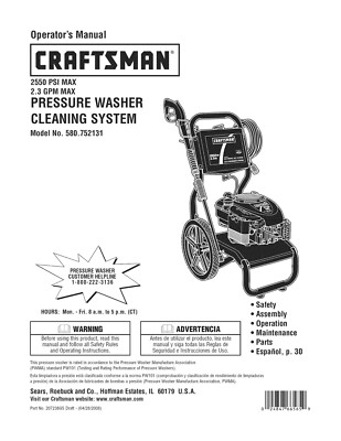 #ad #ad Owners Manual amp; Parts List Craftsman 2550 PSI Pressure Washer Model 580.752131 $19.95