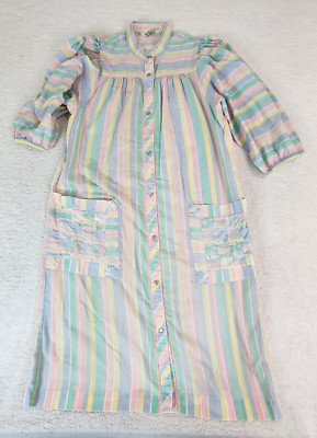 Vintage Models Coat Womens Snap House Dress Multicolor Striped Puff Sleeve #1876