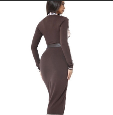 Women Brown Marble Color Block Belted Body Con Dress | eBay