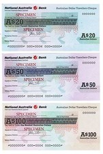NATIONAL AUSTRALIA BANK TRAVELLERS $20$50$100 CHEQUES UNC SPECIMAN 