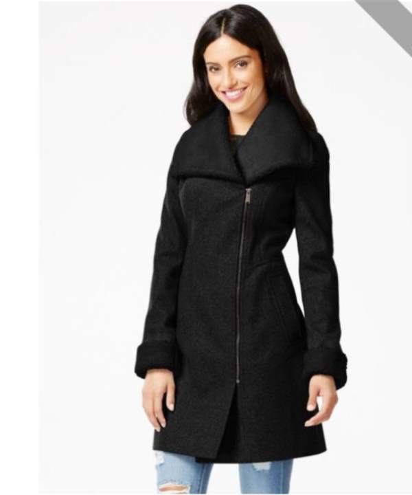 $325 DKNY Faux-Fur-Trim Asymmetrical Walker Coat, Wool Blend, Black, Size  NWT