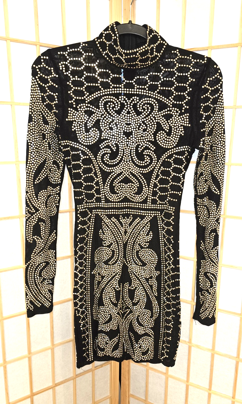 AKIRA Gold Rhinestone Studded Black Sheer Bodycon Dress Sizes 4/6