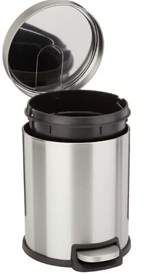 Amazon Basics Trash Bin 5L / 1.3 Gallon Round Soft-Close Trash Can Silver NEW