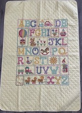 HAND STITCHED PALE YELLOW CROSS STITCH ABC PALE YELLOW BABY QUILT