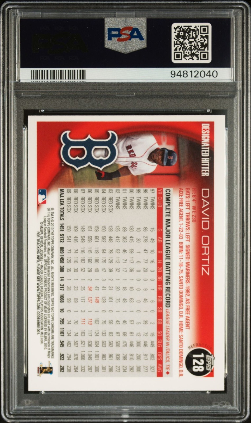 2010 Topps Chrome 128 David Ortiz XFractor PSA 8 NM-MT Refractor Boston Red Sox view 2