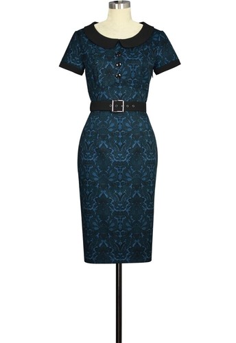 Talla Grande 22 24 26 Azul Vintage Jacquard Lápiz Vestido 50s Peter Pan TTS  | eBay