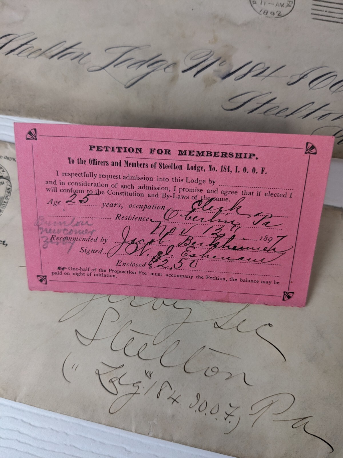IOOF Odd Fellows Steelton Lodge 184 1899 Proposition Card Members Pennsylvania