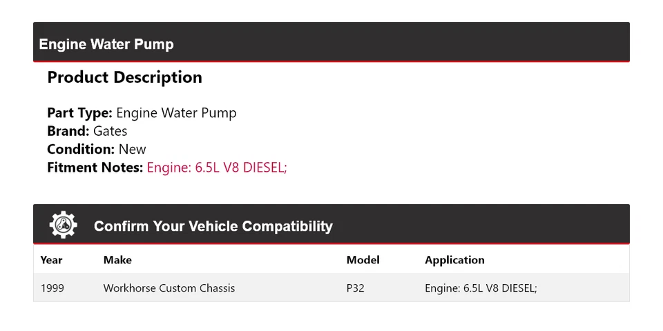 Para Workhorse 1999 chasis personalizado P32 6,5 L V8 motor diésel bomba de agua puertas Foto 2 de 4