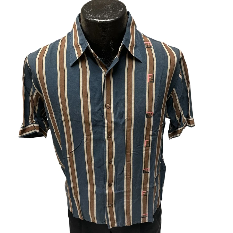 Fendi Steel Blue BOLD Stripe PANEL Logo Rayon Designer Luxury Rockabilly Shirt - Image 2 of 4