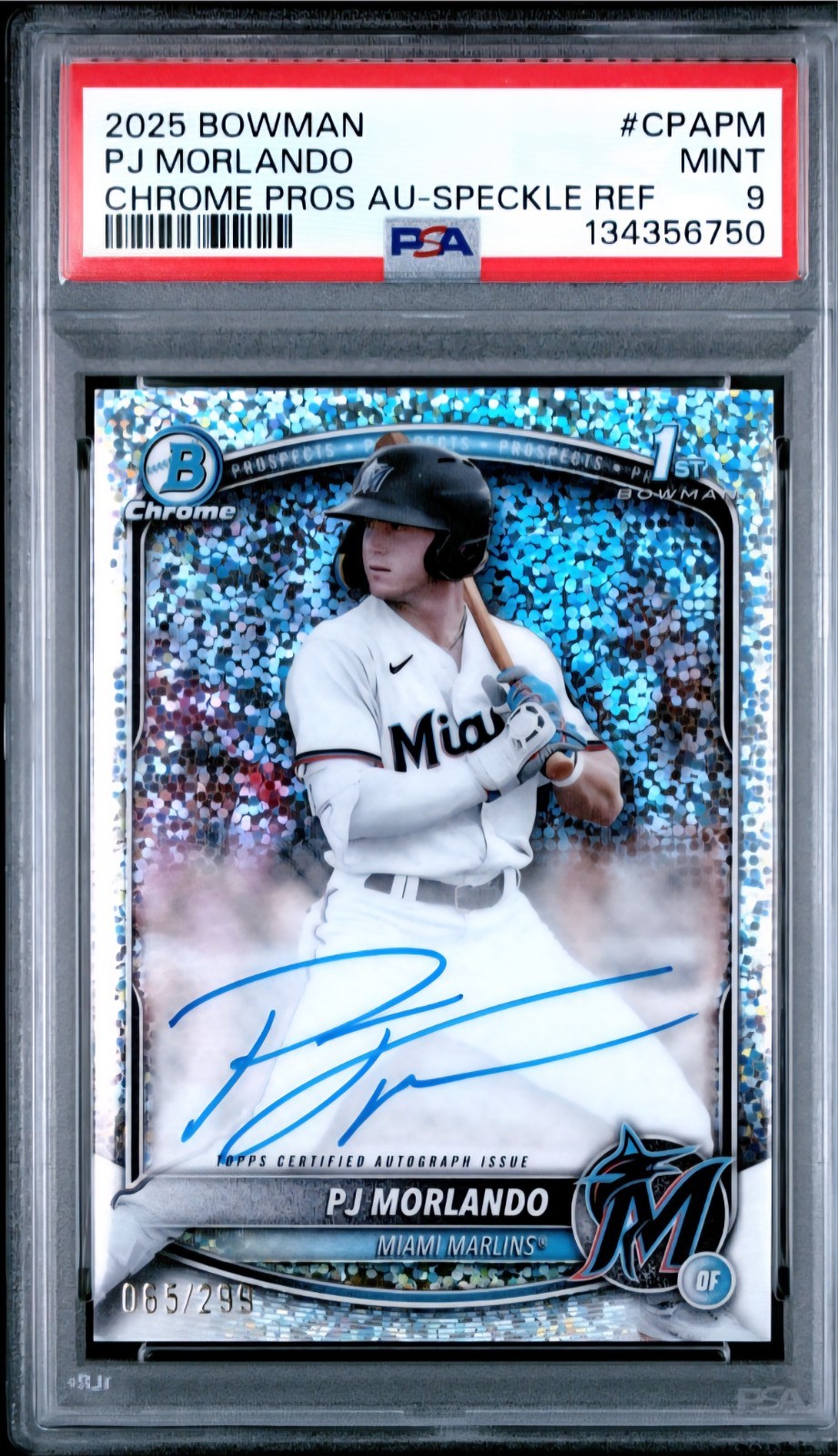 2025 Bowman Chrome PJ MORLANDO Speckle Refractor 1st Auto SP /299 Mint PSA 9