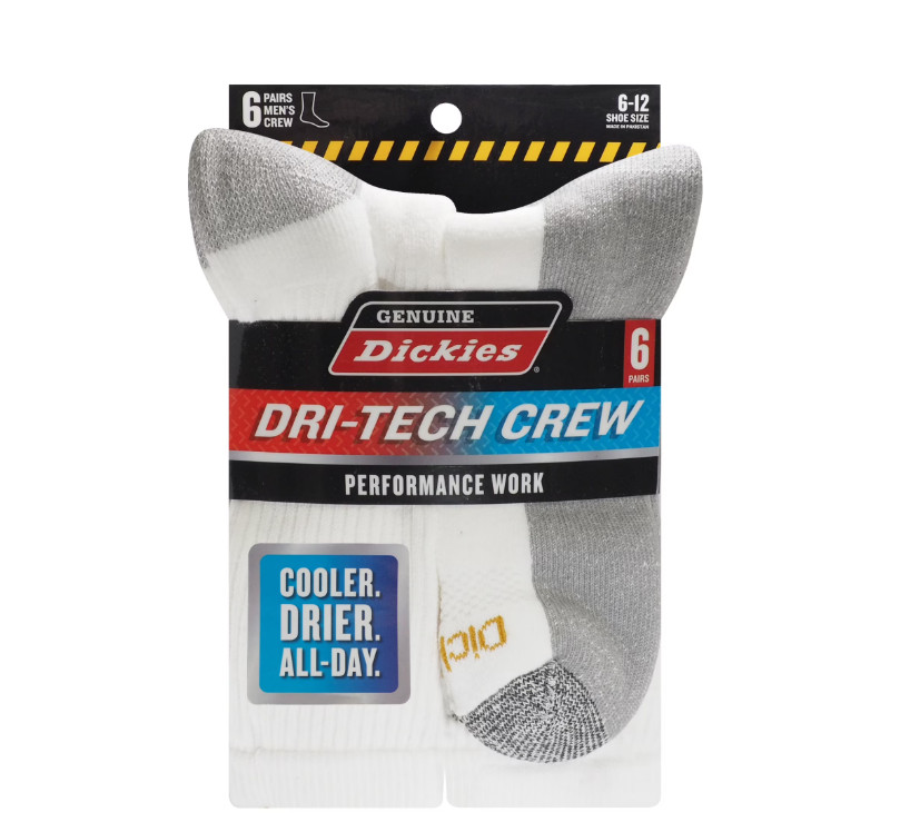 Dickies Men's Dri-tech Moisture Control Crew Socks 6 pack Shoe Size