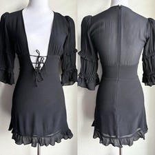 Reformation Laurelei Plunge Neckline Ruffled Viscose Minidress in Black 2