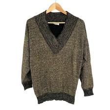 Vintage Arielle Gold Black Metallic V-Neck Knit Sweater Made in USA Large XL