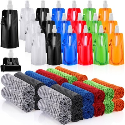 48 Collapsible Water Bottles Bulk 16 oz with Carabiner Clip Cooling Towels 40...