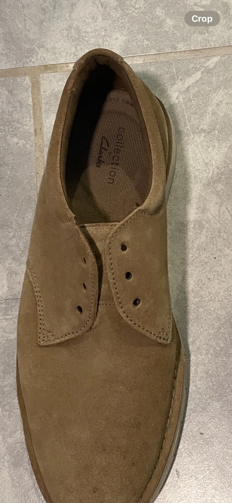 CLARKS scarpe uomo taglia 10 1 2 pelle scamosciata marrone con cravatte usate mancano lacci scarpe