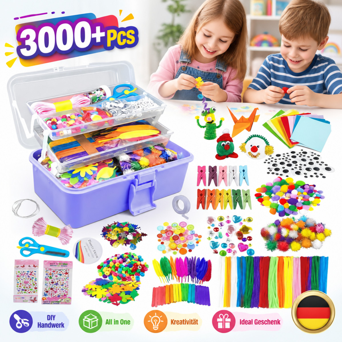 Bastelkoffer 3000 Stück Bastelset für Kinder von 4 bis 10 DIY Bastelbox Geschenk