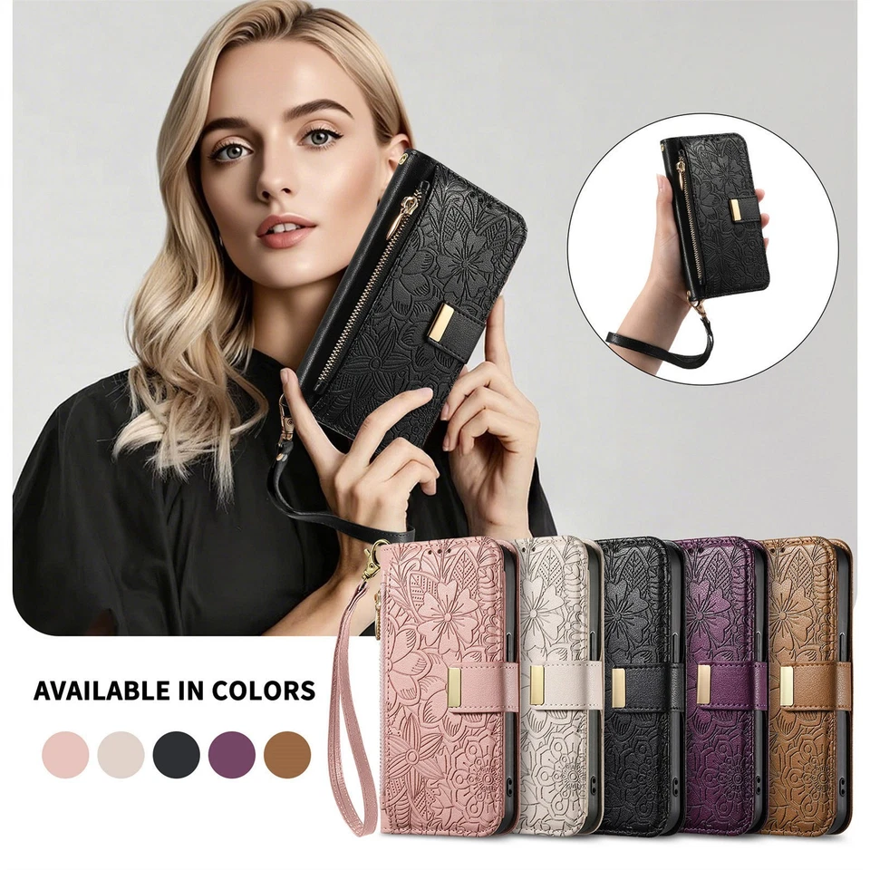 Zip Leather Flower Wallet Phone Case For Blackview Sharp T Mobile Doogee Oukitel - Image 2 of 4