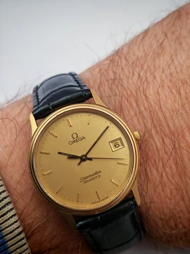 Vintage Omega Seamaster Quartz Date Champagne Dial Gold Plated Mens Watch
