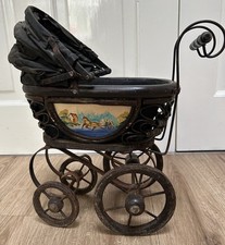 Antique Victorian Small Dolls Pram Metal Wood Wicker Hand Painted Scene On Sides