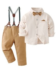 DISAUR Boys Church Outfit Apricot Brown Long Sleeve Dress Shirt Bow Tie Suspe...
