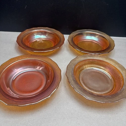 4 FEDERAL CARNIVAL GLASS NORMANDIE MARIGOLD BOUQUET LATTICE 6 1/2" BOWLS