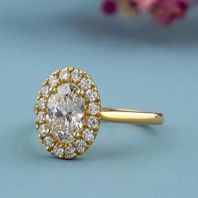 2.30Ct Oval Cut Simulated Diamond Engagement Halo Ring In 14K Yellow Gold Plated