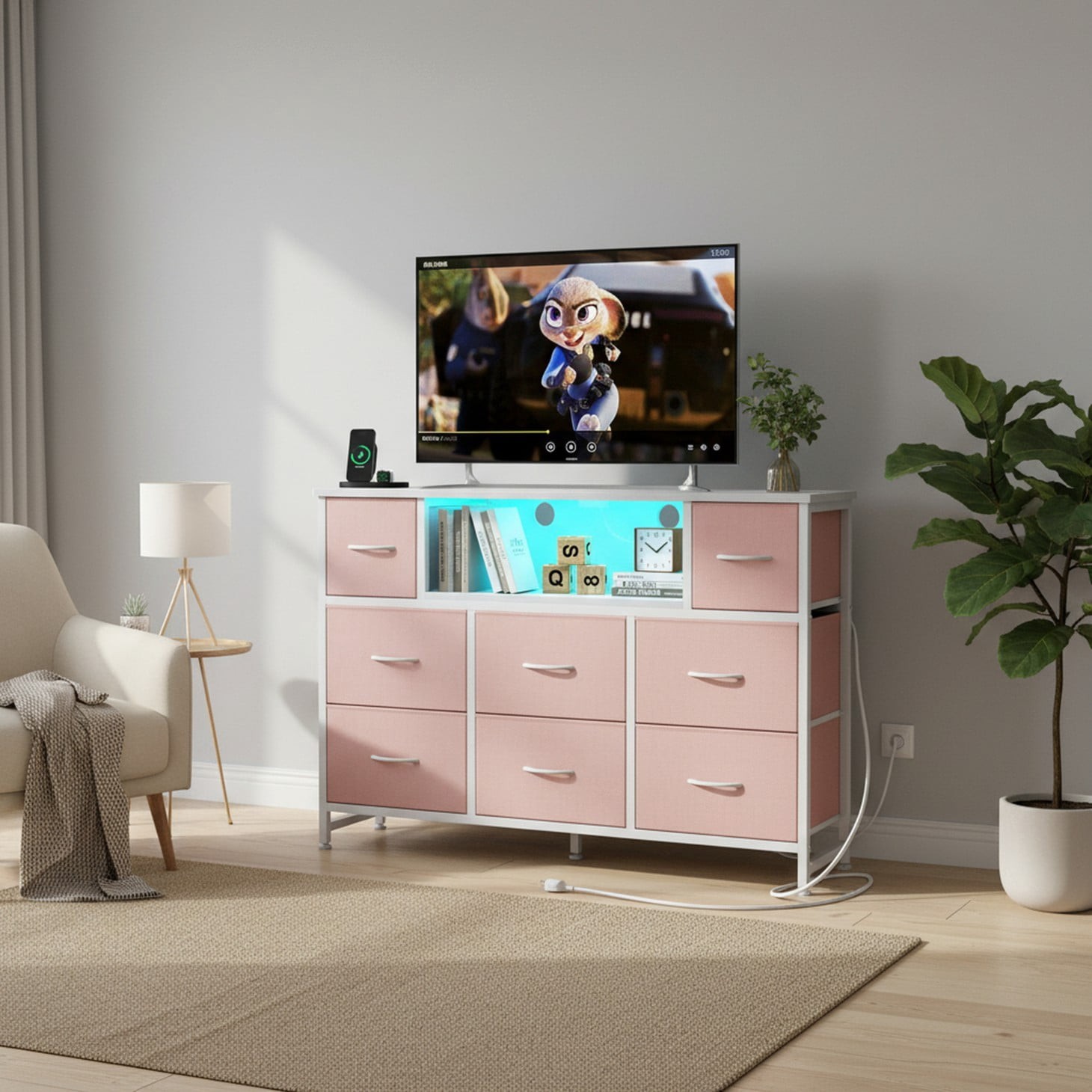 TV Stand with 8 Fabric Drawers Power Outlet LED TV Console USB & Type-C Storage