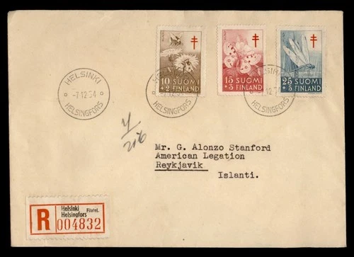 DR WHO 1954 FINLAND FDC? TB FLOWER SEMI POST COMBO REGISTERED TO ICELAND M74052