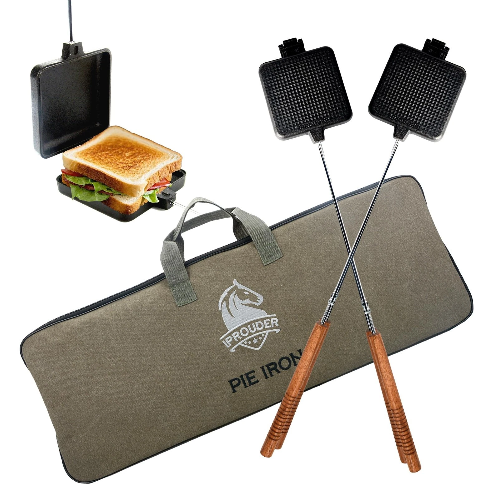 Large Cast Iron Campfire Pie Iron Sandwich Maker - 2 Pcs with Storage Bag, 22.6"