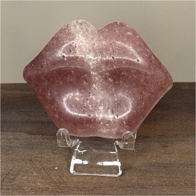 Strawberry Quartz Crystal Lip-Shaped Pink Stone w/ Clear Display Stand